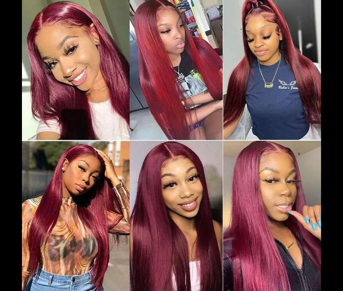 99j red straight human hair wig